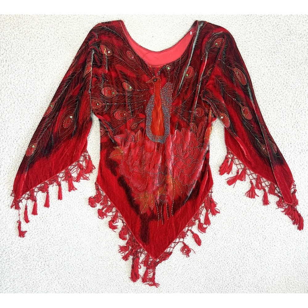 Peacock Feather Beaded Sequin Velvet Top Large Red‎ Tassel Fringe Fairy Witchy